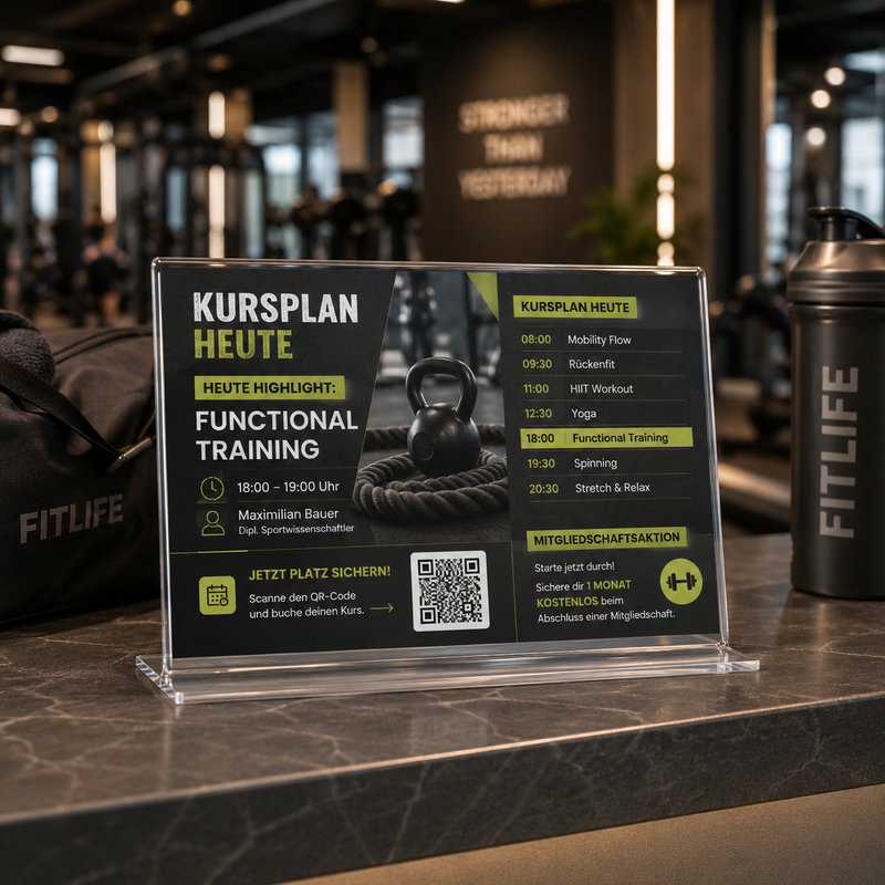 Doppelseitiger Tischaufsteller aus Acrylglas mit Veranstaltungsinformationen und QR-Code